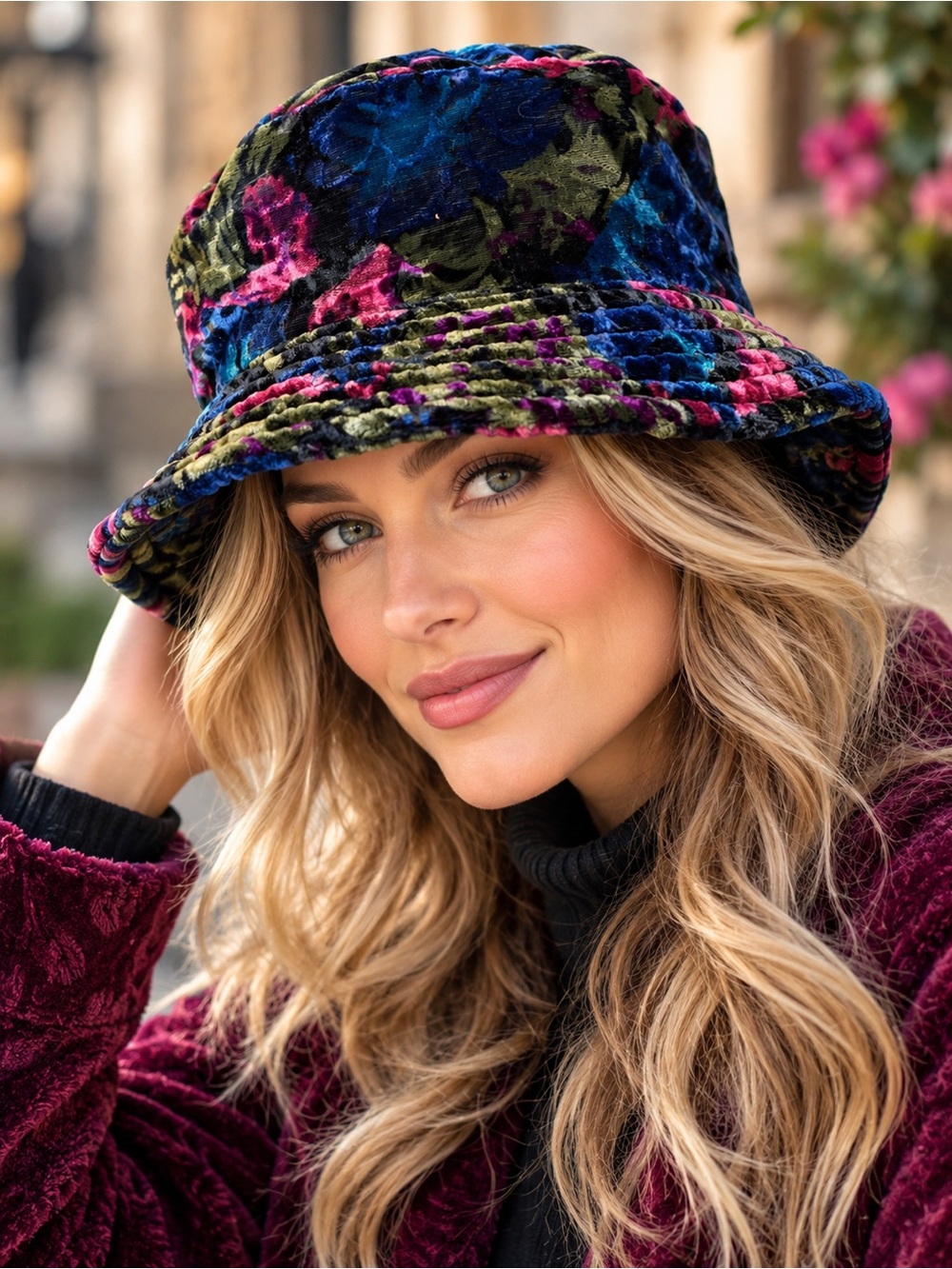 Vintage 90s Jewel Tone Floral Velvet Bucket Hat Wide Brim Boho Whimsigoth